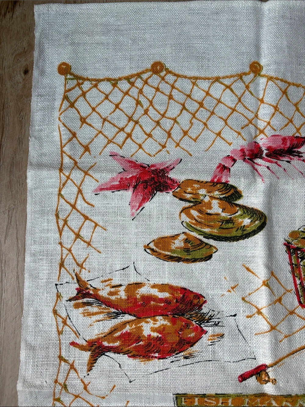 Vintage Fish Market Printed Kitchen Tea Towel - White with Red and Gold Accents